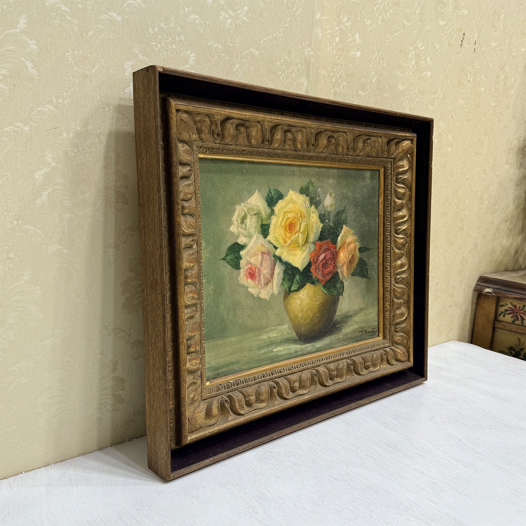 Roses in a Golden Vase | Signed T. Saito | Vintage Floral Oil Painting | 23×19.5in