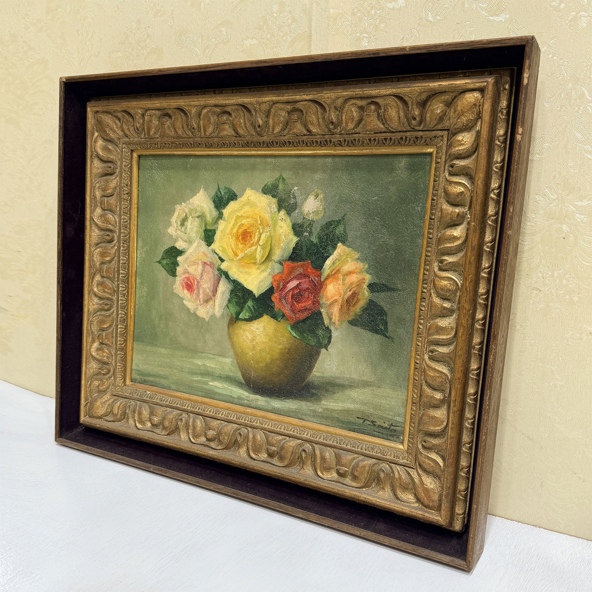Roses in a Golden Vase | Signed T. Saito | Vintage Floral Oil Painting | 23×19.5in