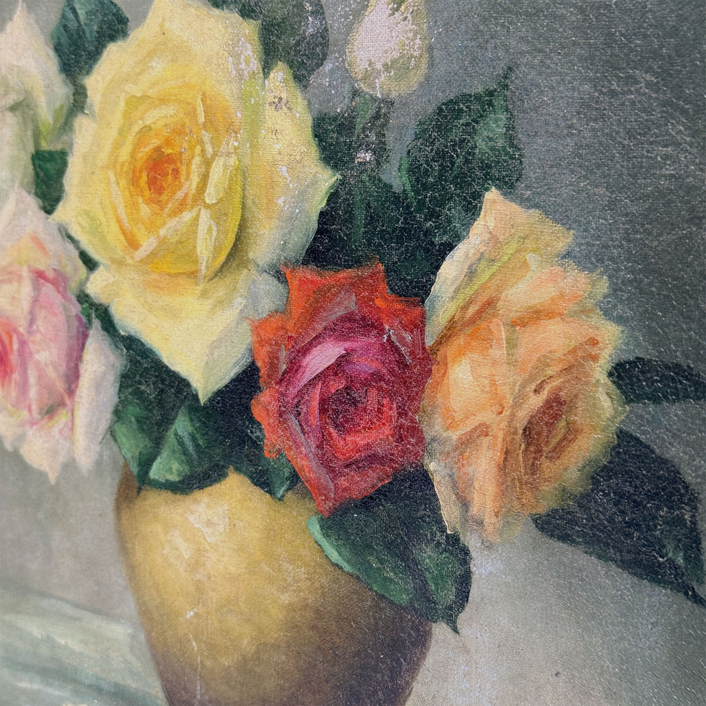 Roses in a Golden Vase | Signed T. Saito | Vintage Floral Oil Painting | 23×19.5in