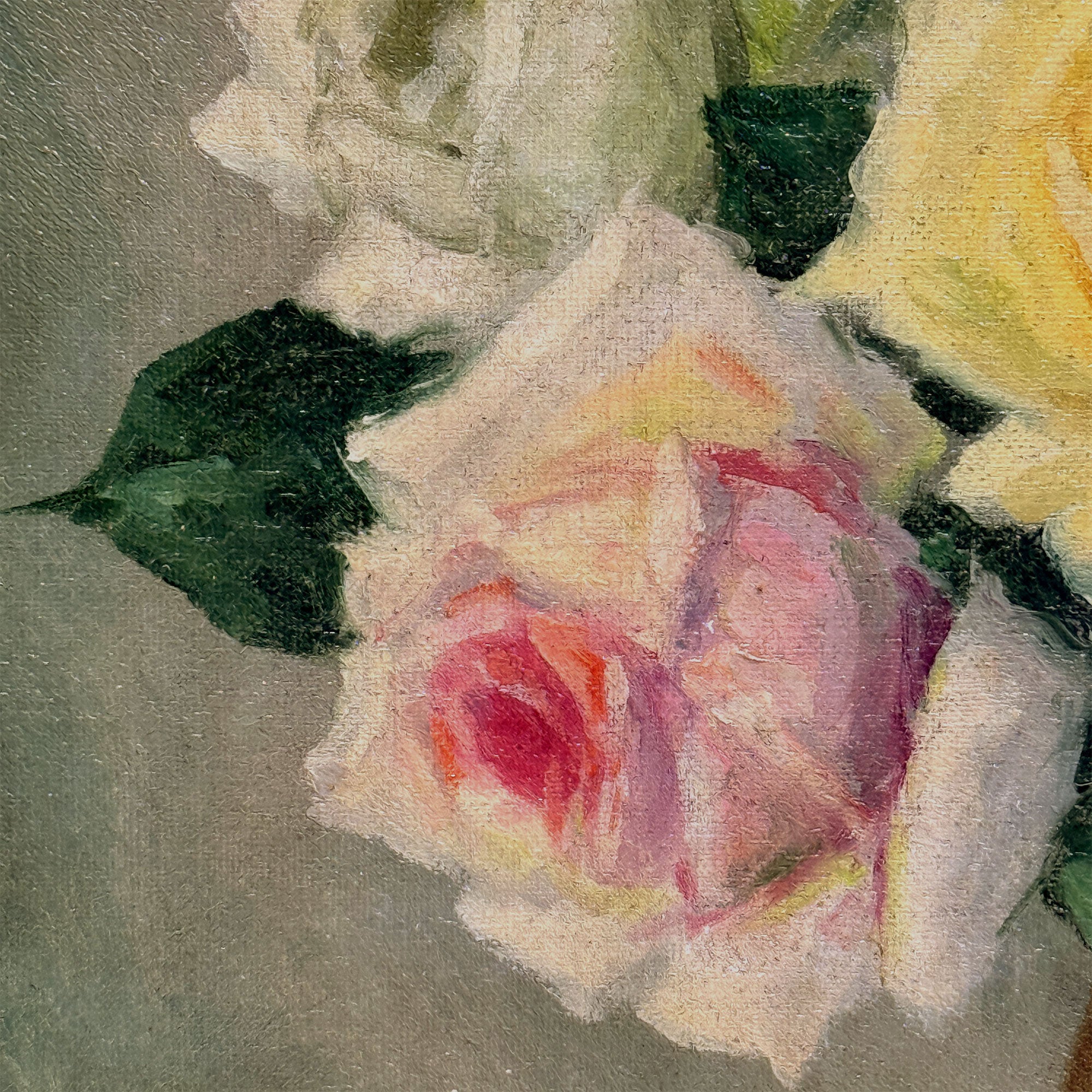 Roses in a Golden Vase | Signed T. Saito | Vintage Floral Oil Painting | 23×19.5in