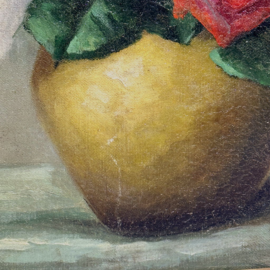 Roses in a Golden Vase | Signed T. Saito | Vintage Floral Oil Painting | 23×19.5in