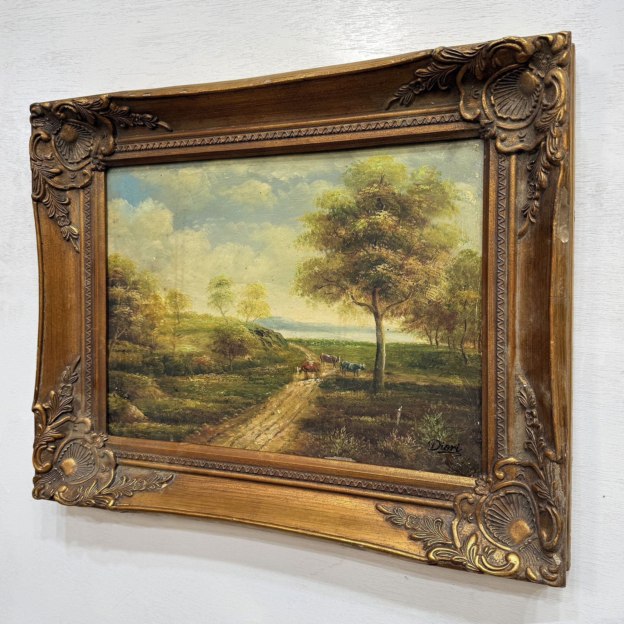 European Countryside River Landscape Oil Painting, Vintage Framed Classical Nature Wall Art