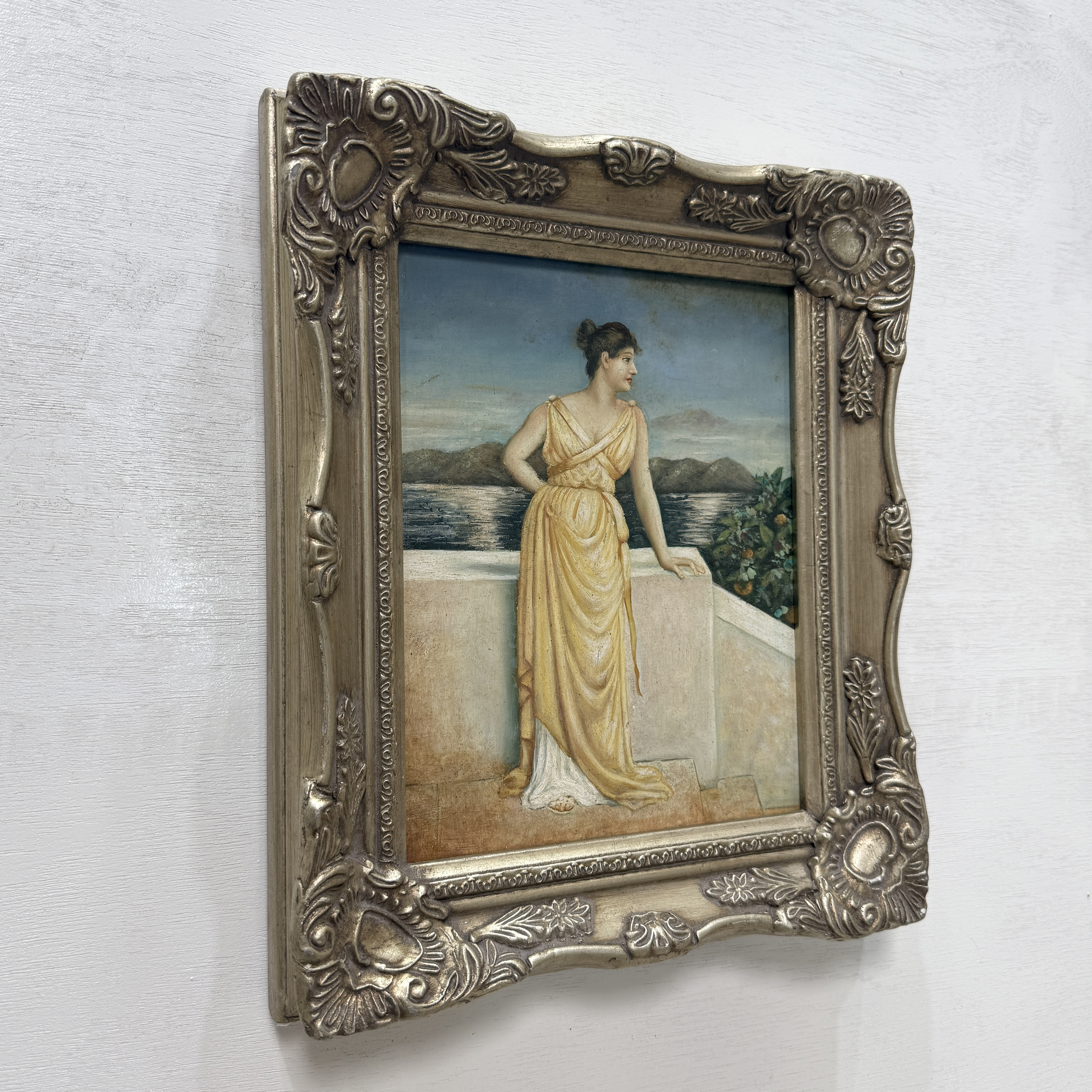 Vintage Classical Woman Portrait Oil Painting, Yellow Dress Seaside Figure Art, Ornate Gold Framed Collectible Artwork