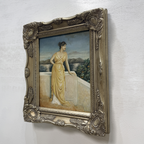 Vintage Classical Woman Portrait Oil Painting, Yellow Dress Seaside Figure Art, Ornate Gold Framed Collectible Artwork
