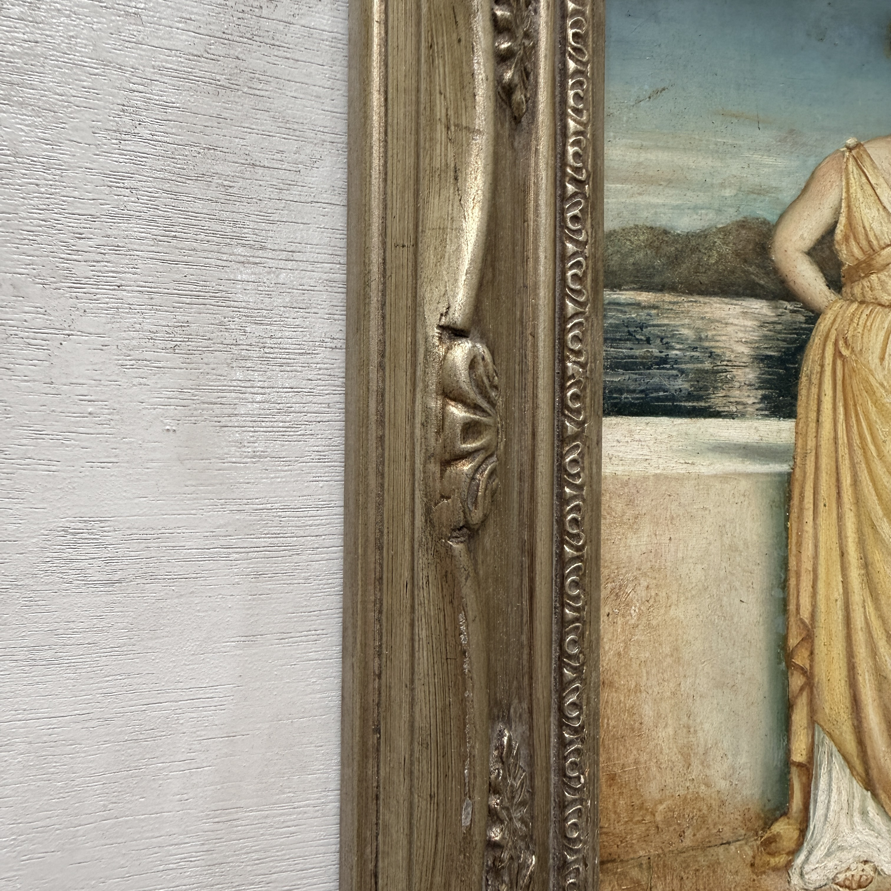 Vintage Classical Woman Portrait Oil Painting, Yellow Dress Seaside Figure Art, Ornate Gold Framed Collectible Artwork