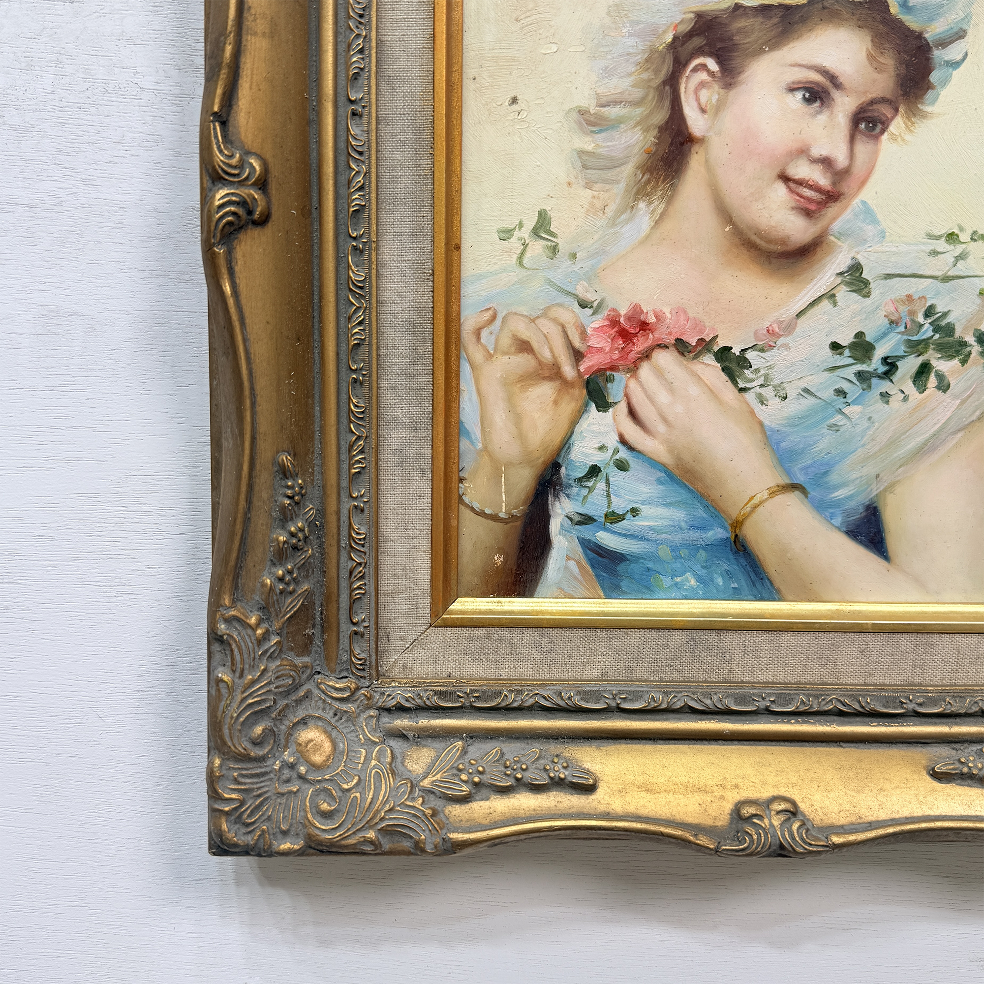 A classical lady portrait framed in an ornate gold frame  Romantic style wall art (11.02×12.99 in)