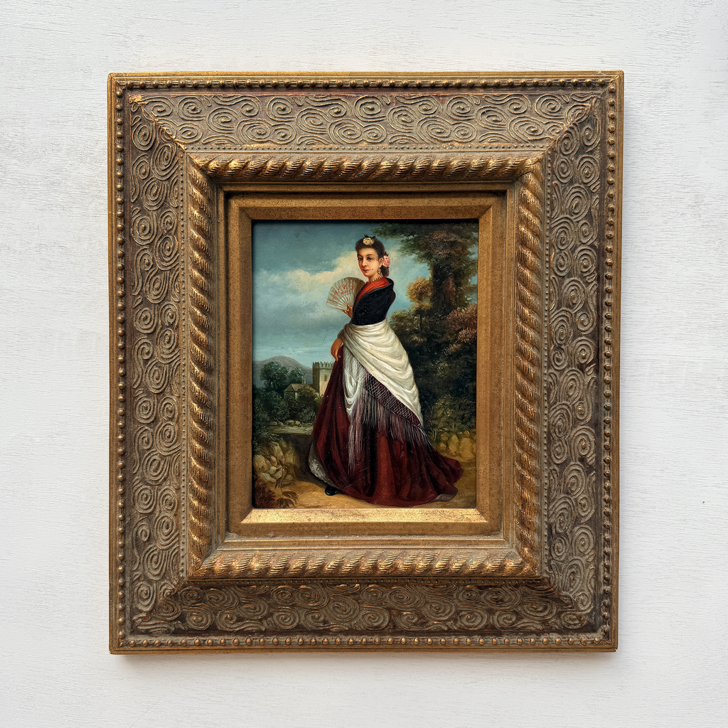 Classical Hand-Painted Portrait Painting, Spanish-Style Noble Lady in Red Long Gown & Shawl, Vintage Gilded Frame