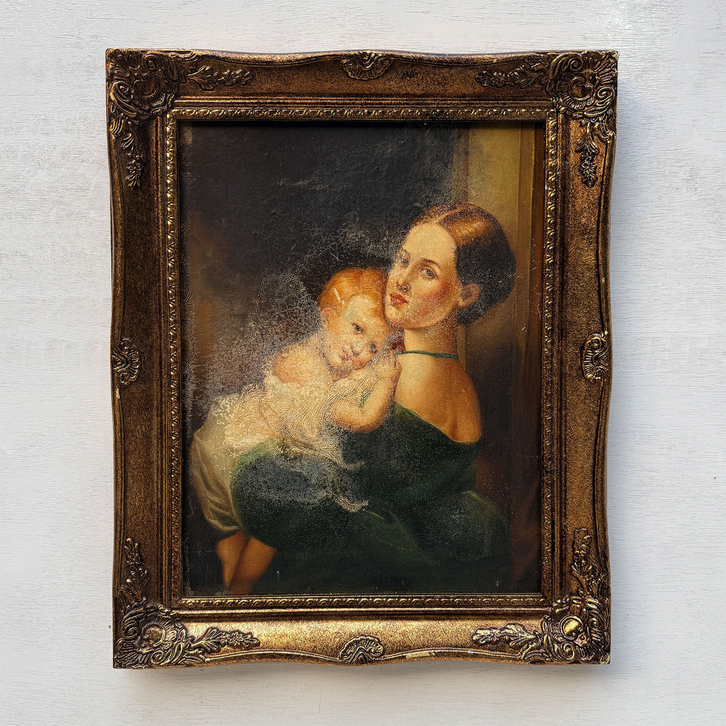 A Quiet Embrace | Vintage Mother and Child Portrait Oil Painting | Ornate Frame | 15.2×19.1in