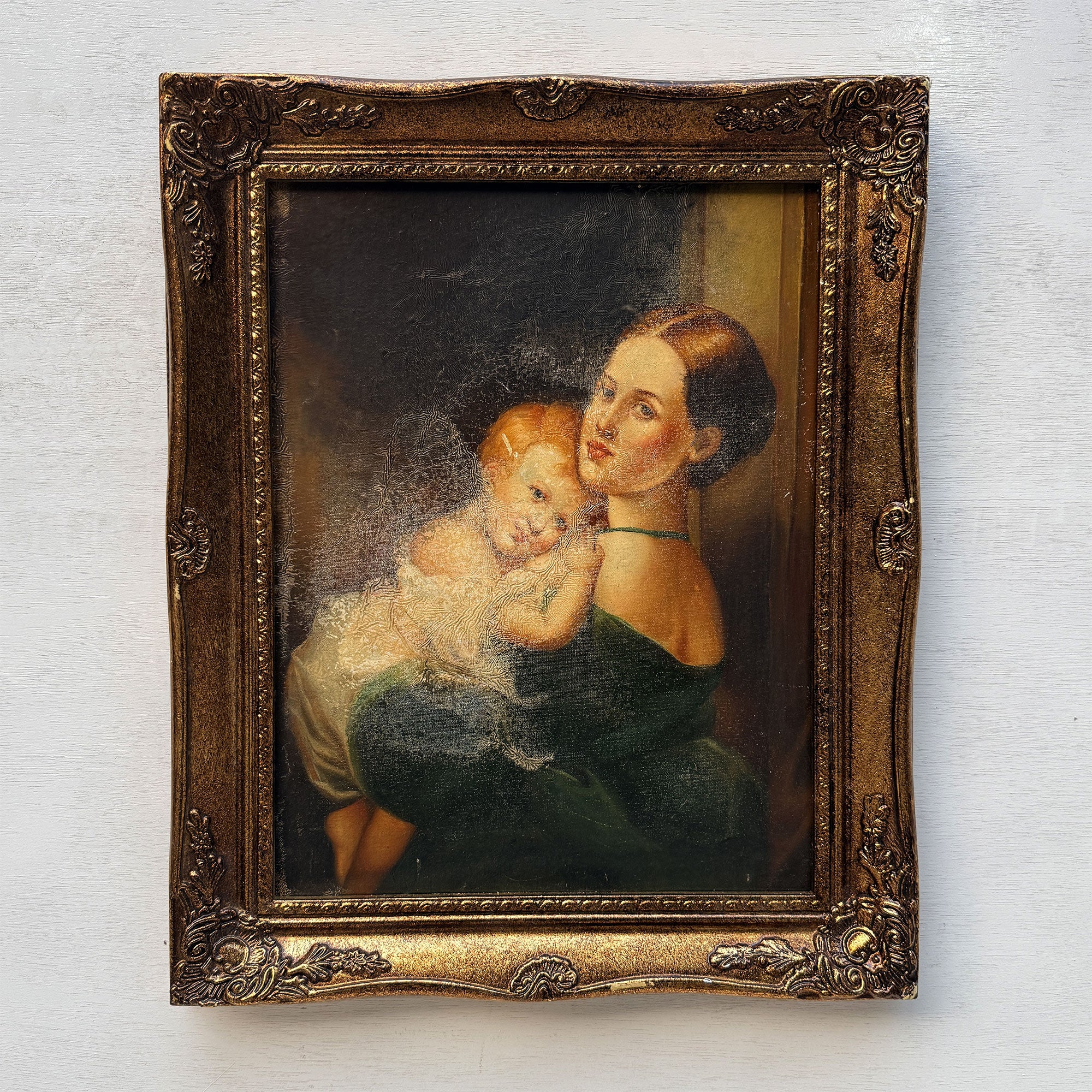 A Quiet Embrace | Vintage Mother and Child Portrait Oil Painting | Ornate Frame | 15.2×19.1in