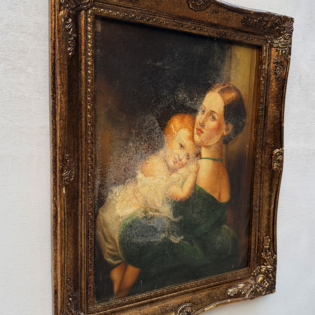 A Quiet Embrace | Vintage Mother and Child Portrait Oil Painting | Ornate Frame | 15.2×19.1in