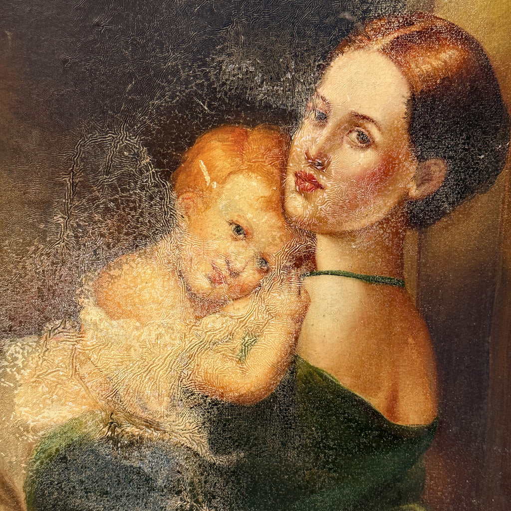 A Quiet Embrace | Vintage Mother and Child Portrait Oil Painting | Ornate Frame | 15.2×19.1in