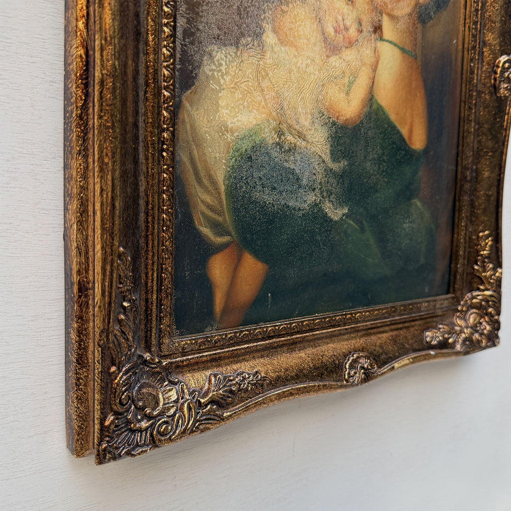 A Quiet Embrace | Vintage Mother and Child Portrait Oil Painting | Ornate Frame | 15.2×19.1in