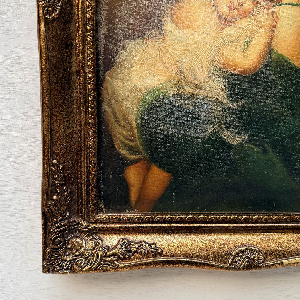 A Quiet Embrace | Vintage Mother and Child Portrait Oil Painting | Ornate Frame | 15.2×19.1in