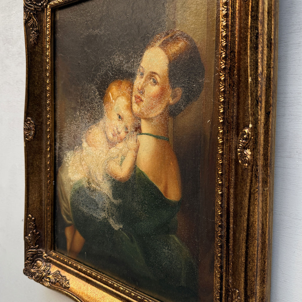 A Quiet Embrace | Vintage Mother and Child Portrait Oil Painting | Ornate Frame | 15.2×19.1in