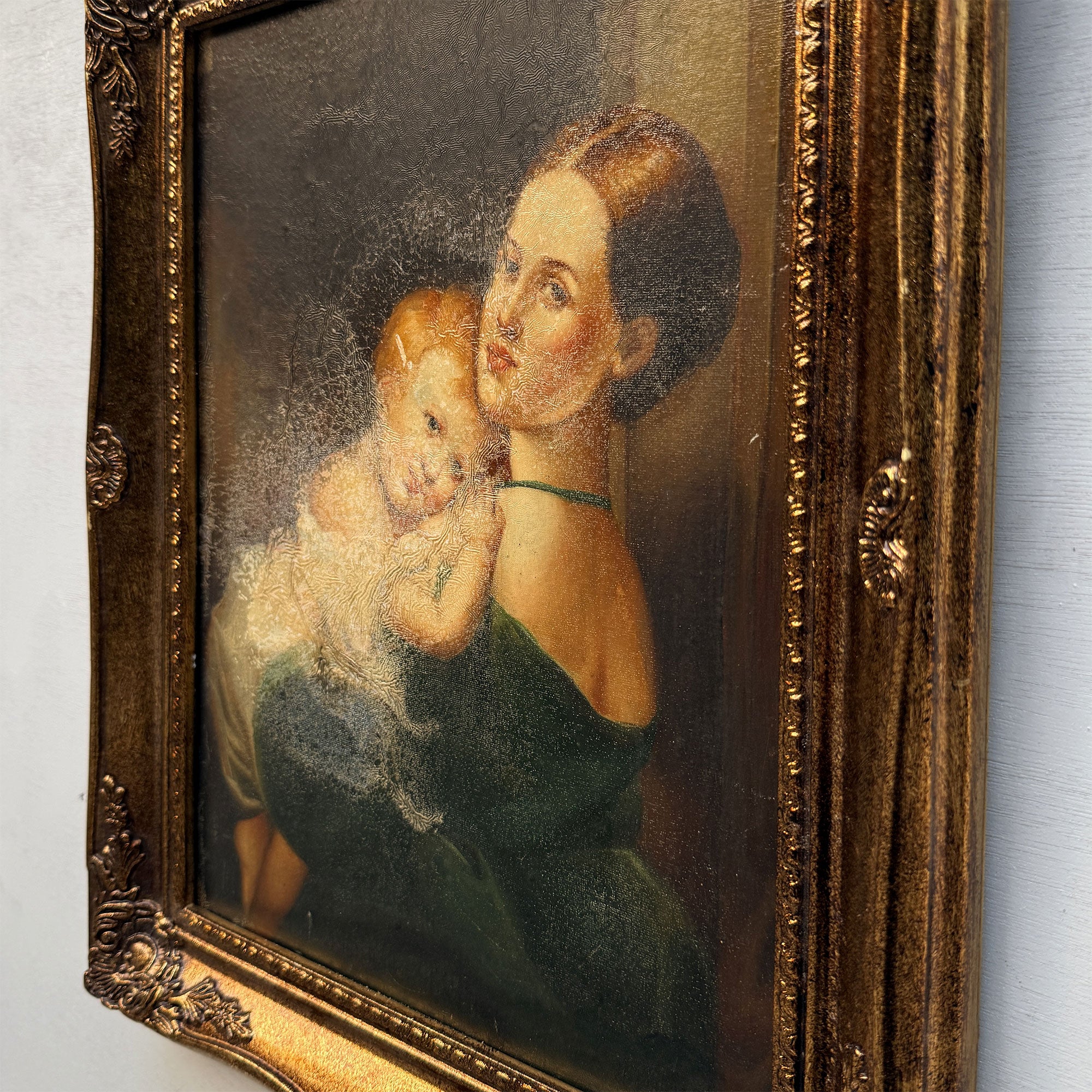 A Quiet Embrace | Vintage Mother and Child Portrait Oil Painting | Ornate Frame | 15.2×19.1in