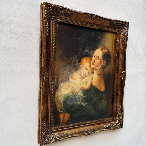 A Quiet Embrace | Vintage Mother and Child Portrait Oil Painting | Ornate Frame | 15.2×19.1in