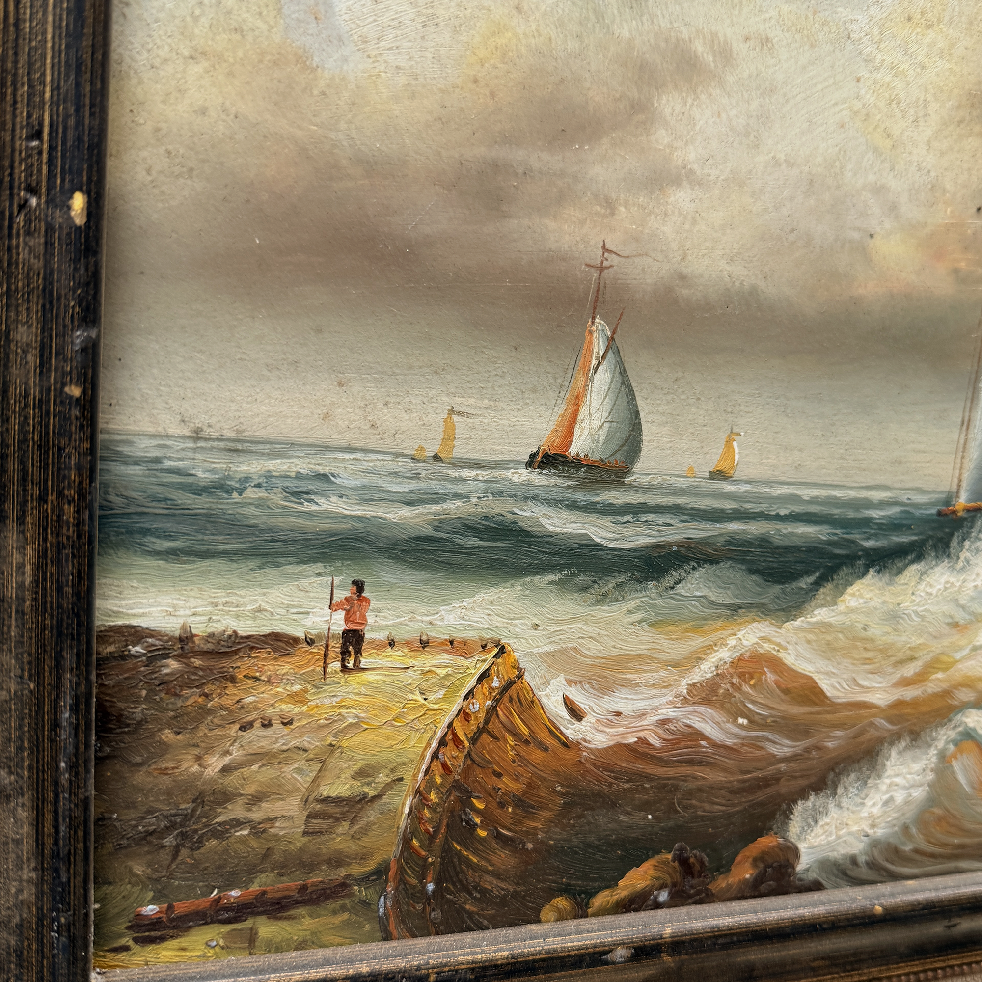 Framed Seascape Oil Painting, Hand-Painted Nautical Artwork of Sailing Ships on the Sea（19.69×15.75 in）