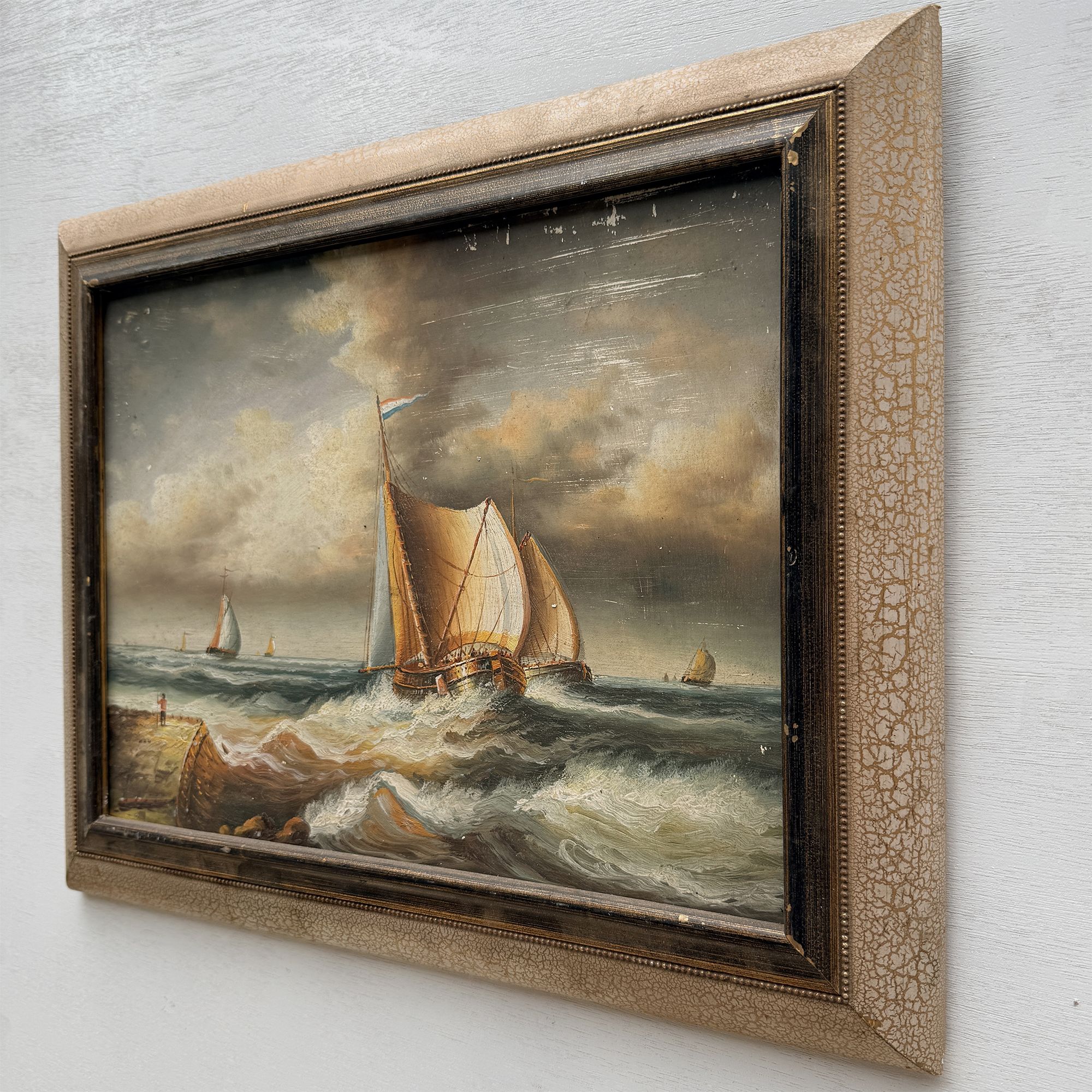 Framed Seascape Oil Painting, Hand-Painted Nautical Artwork of Sailing Ships on the Sea（19.69×15.75 in）