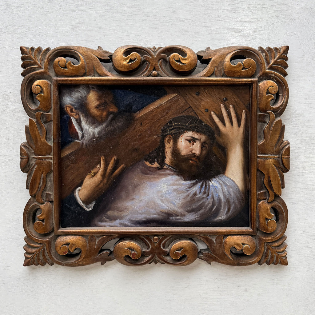 Christ Bearing the Cross | Vintage Religious Oil Painting | Bronze-Gold Frame | 21.5×17.5in