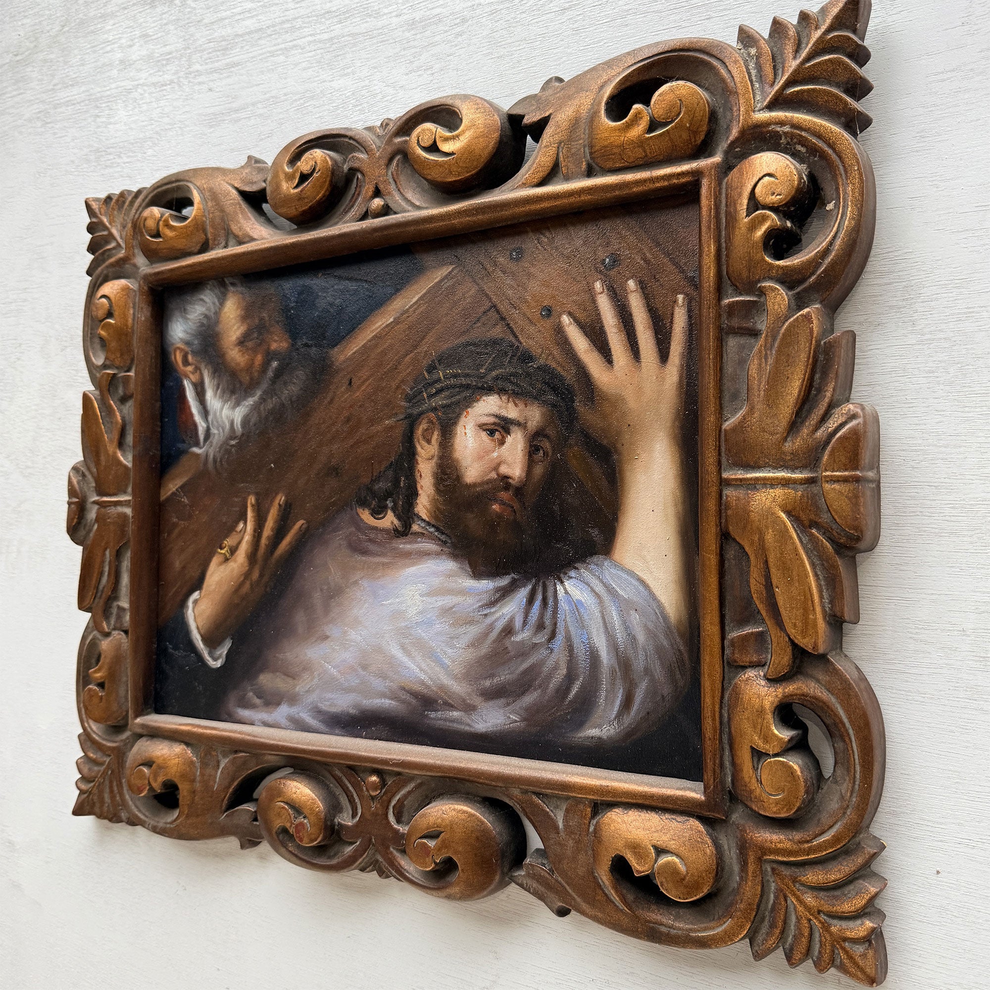 Christ Bearing the Cross | Vintage Religious Oil Painting | Bronze-Gold Frame | 21.5×17.5in