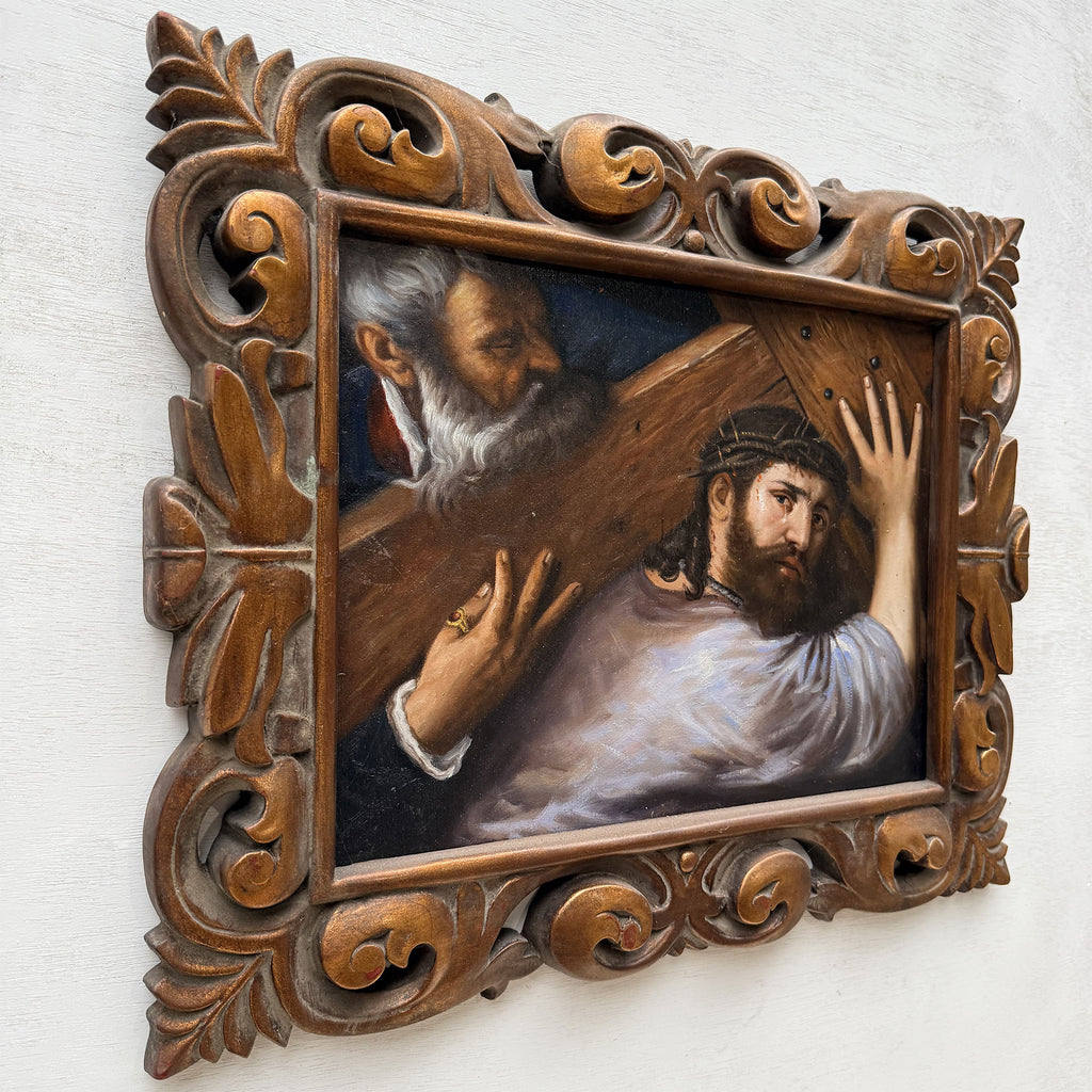 Christ Bearing the Cross | Vintage Religious Oil Painting | Bronze-Gold Frame | 21.5×17.5in