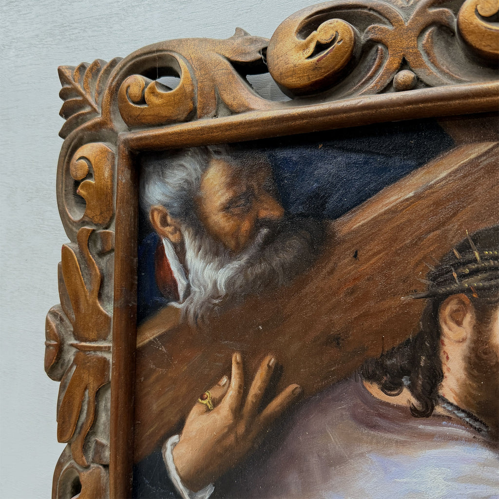 Christ Bearing the Cross | Vintage Religious Oil Painting | Bronze-Gold Frame | 21.5×17.5in