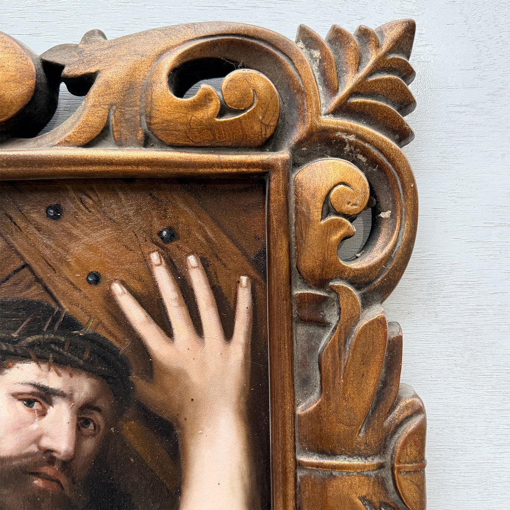 Christ Bearing the Cross | Vintage Religious Oil Painting | Bronze-Gold Frame | 21.5×17.5in