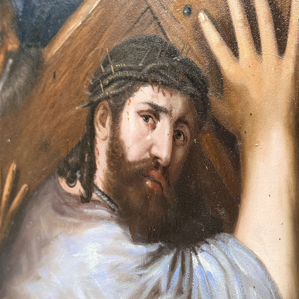 Christ Bearing the Cross | Vintage Religious Oil Painting | Bronze-Gold Frame | 21.5×17.5in