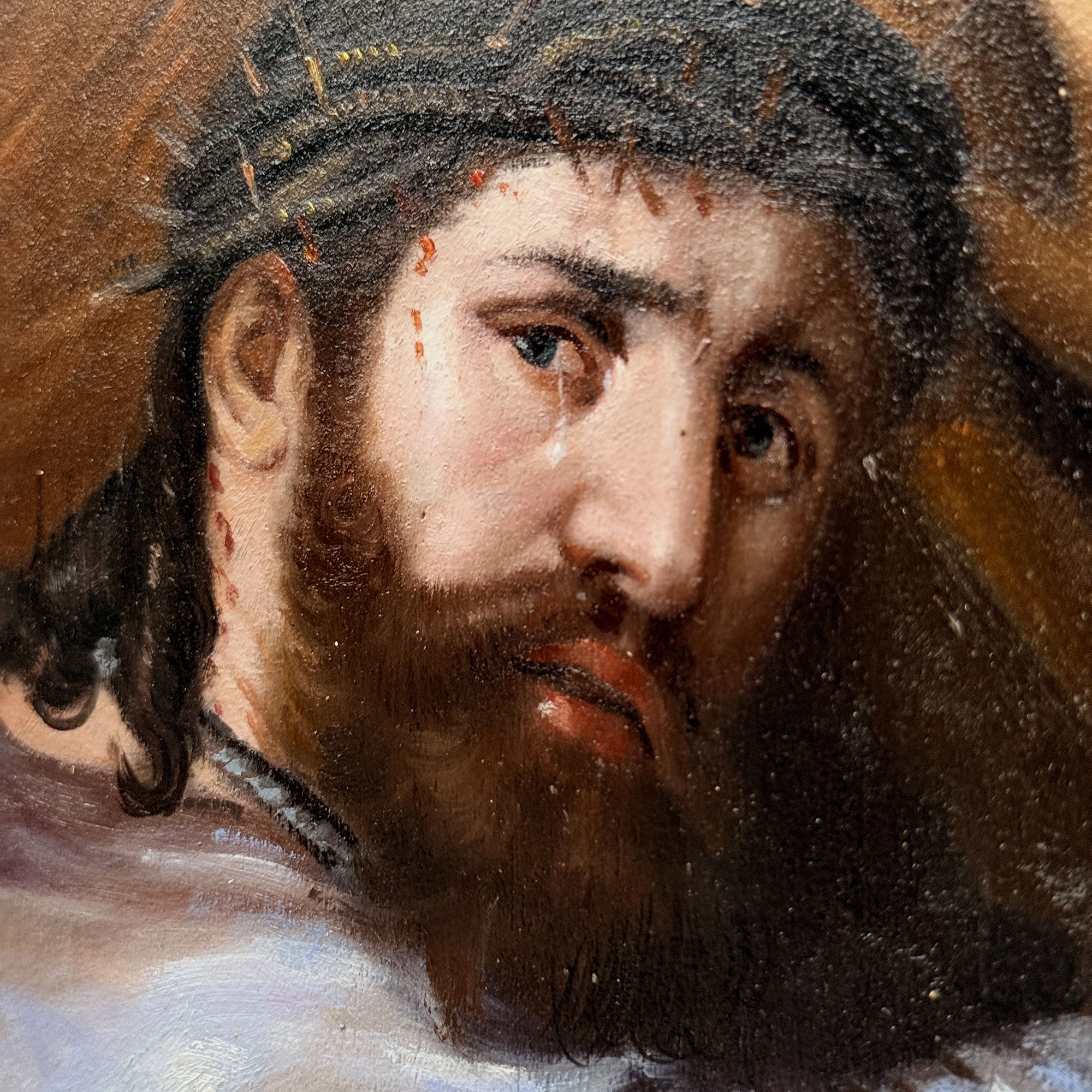 Christ Bearing the Cross | Vintage Religious Oil Painting | Bronze-Gold Frame | 21.5×17.5in