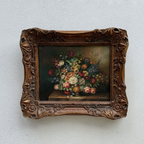 Classic Flower Bouquet Oil Painting “Ornate Brown Frame” Original Vintage Art - 12.6 × 11.0 in