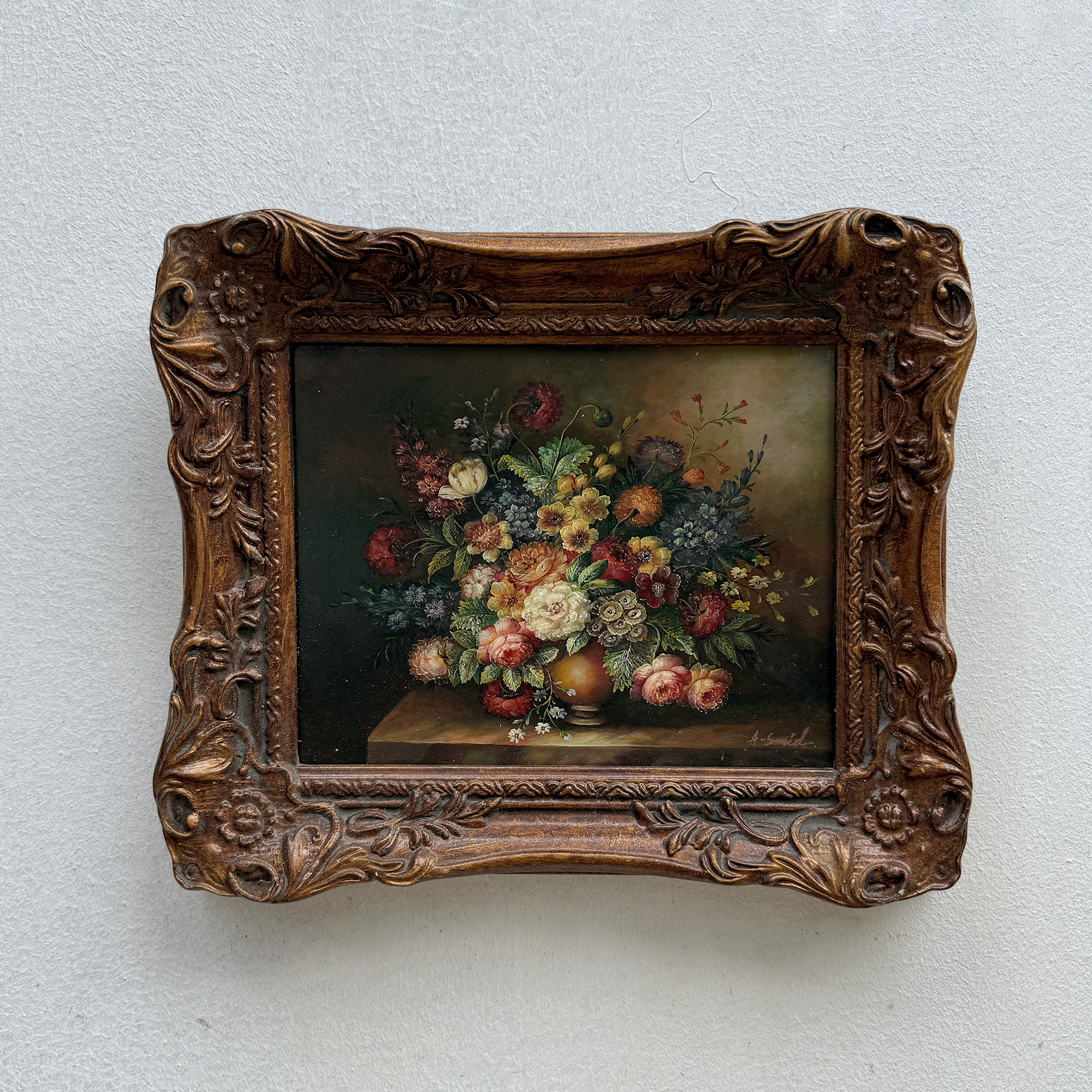 Classic Flower Bouquet Oil Painting “Ornate Brown Frame” Original Vintage Art - 12.6 × 11.0 in
