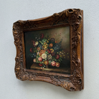 Classic Flower Bouquet Oil Painting “Ornate Brown Frame” Original Vintage Art - 12.6 × 11.0 in