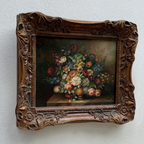 Classic Flower Bouquet Oil Painting “Ornate Brown Frame” Original Vintage Art - 12.6 × 11.0 in