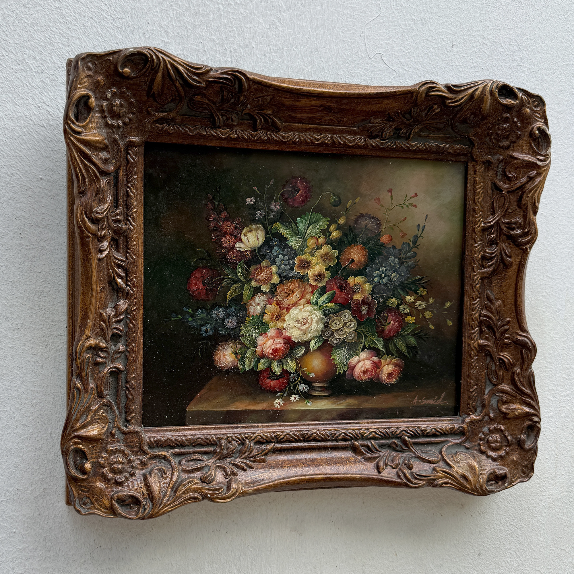 Classic Flower Bouquet Oil Painting “Ornate Brown Frame” Original Vintage Art - 12.6 × 11.0 in