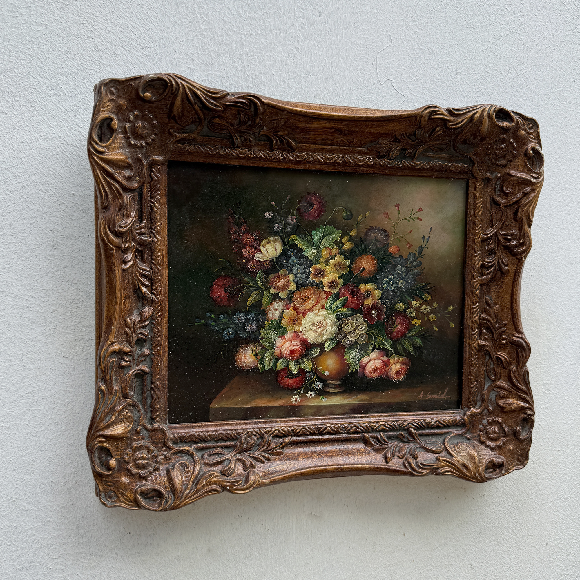 Classic Flower Bouquet Oil Painting “Ornate Brown Frame” Original Vintage Art - 12.6 × 11.0 in