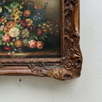 Classic Flower Bouquet Oil Painting “Ornate Brown Frame” Original Vintage Art - 12.6 × 11.0 in