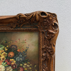 Classic Flower Bouquet Oil Painting “Ornate Brown Frame” Original Vintage Art - 12.6 × 11.0 in