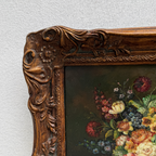Classic Flower Bouquet Oil Painting “Ornate Brown Frame” Original Vintage Art - 12.6 × 11.0 in