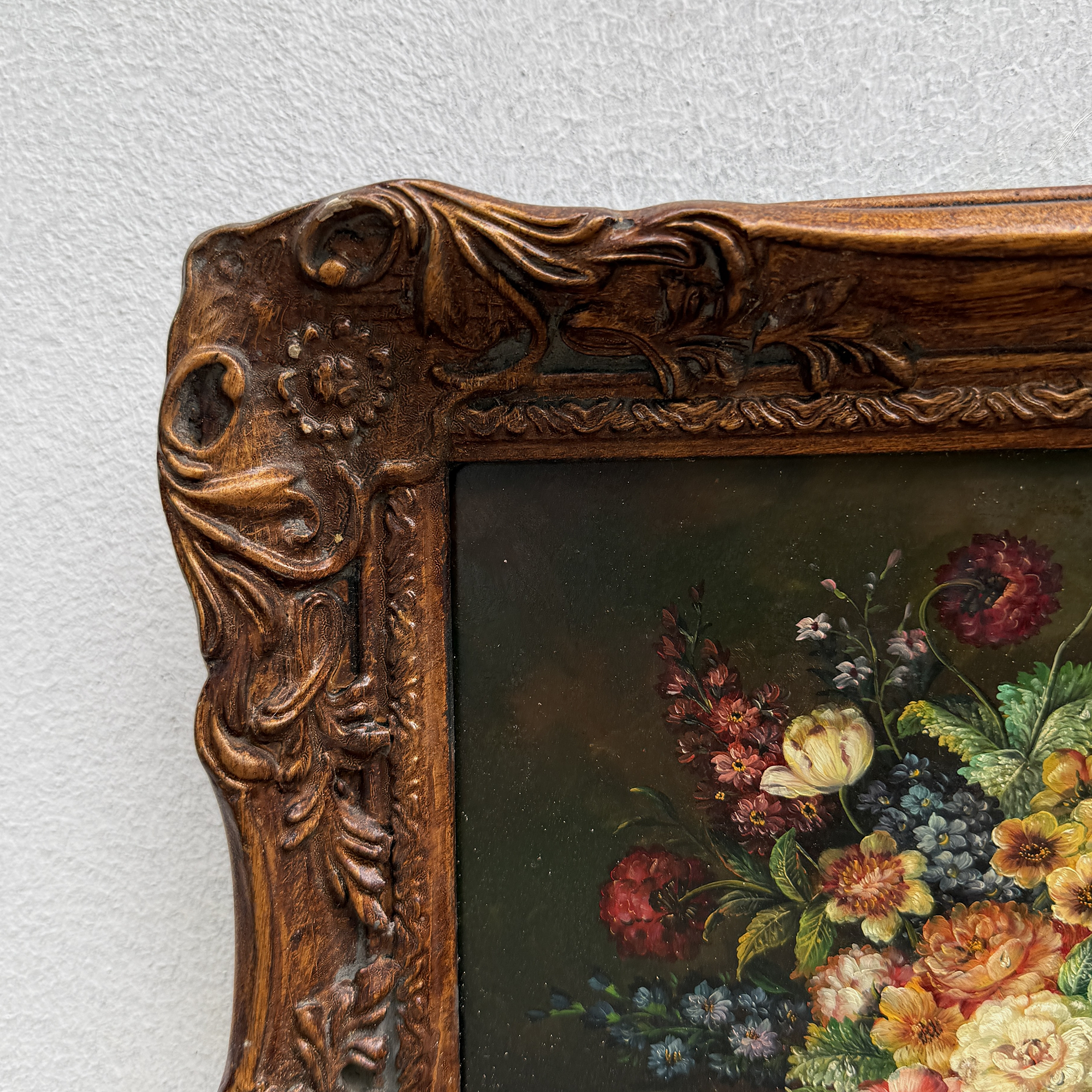 Classic Flower Bouquet Oil Painting “Ornate Brown Frame” Original Vintage Art - 12.6 × 11.0 in