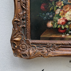 Classic Flower Bouquet Oil Painting “Ornate Brown Frame” Original Vintage Art - 12.6 × 11.0 in
