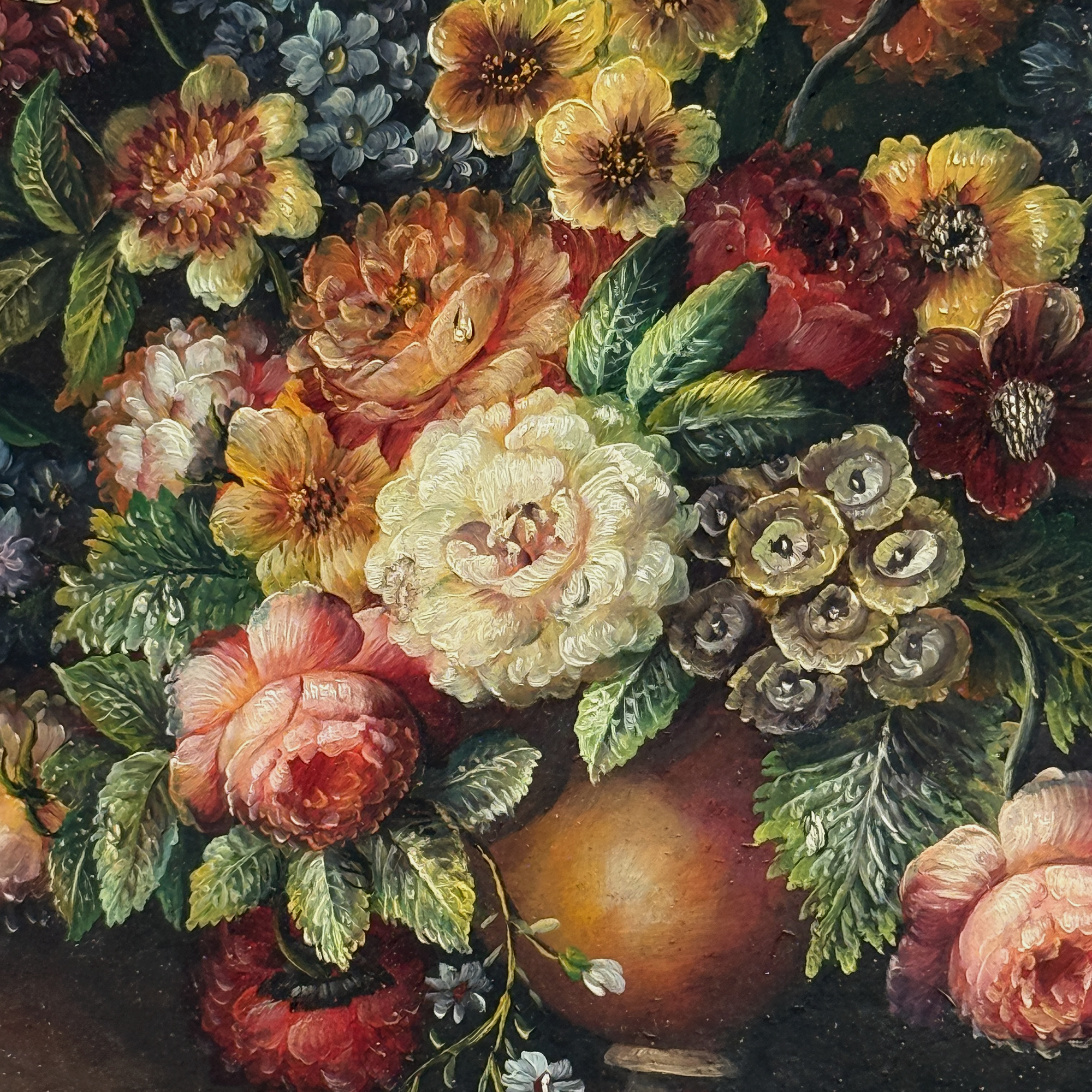 Classic Flower Bouquet Oil Painting “Ornate Brown Frame” Original Vintage Art - 12.6 × 11.0 in