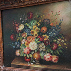 Classic Flower Bouquet Oil Painting “Ornate Brown Frame” Original Vintage Art - 12.6 × 11.0 in