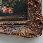 Classic Flower Bouquet Oil Painting “Ornate Brown Frame” Original Vintage Art - 12.6 × 11.0 in