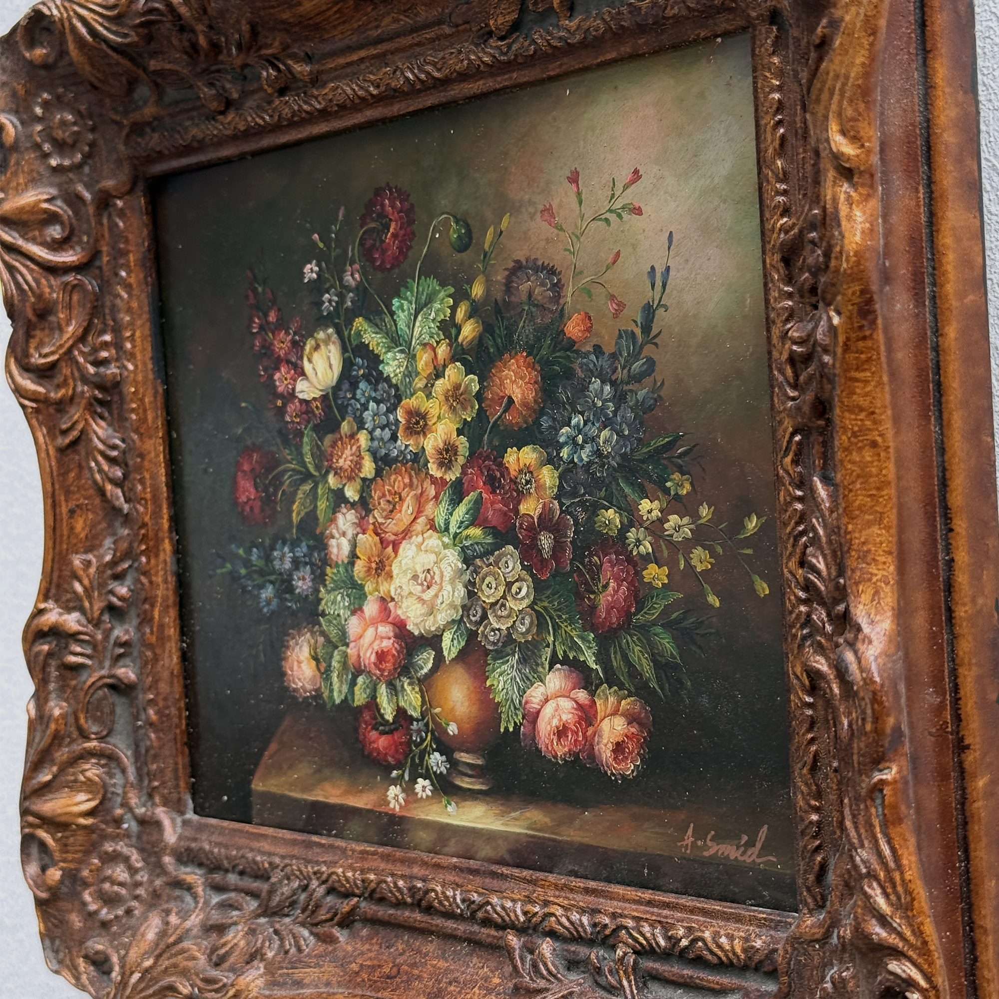 Classic Flower Bouquet Oil Painting “Ornate Brown Frame” Original Vintage Art - 12.6 × 11.0 in