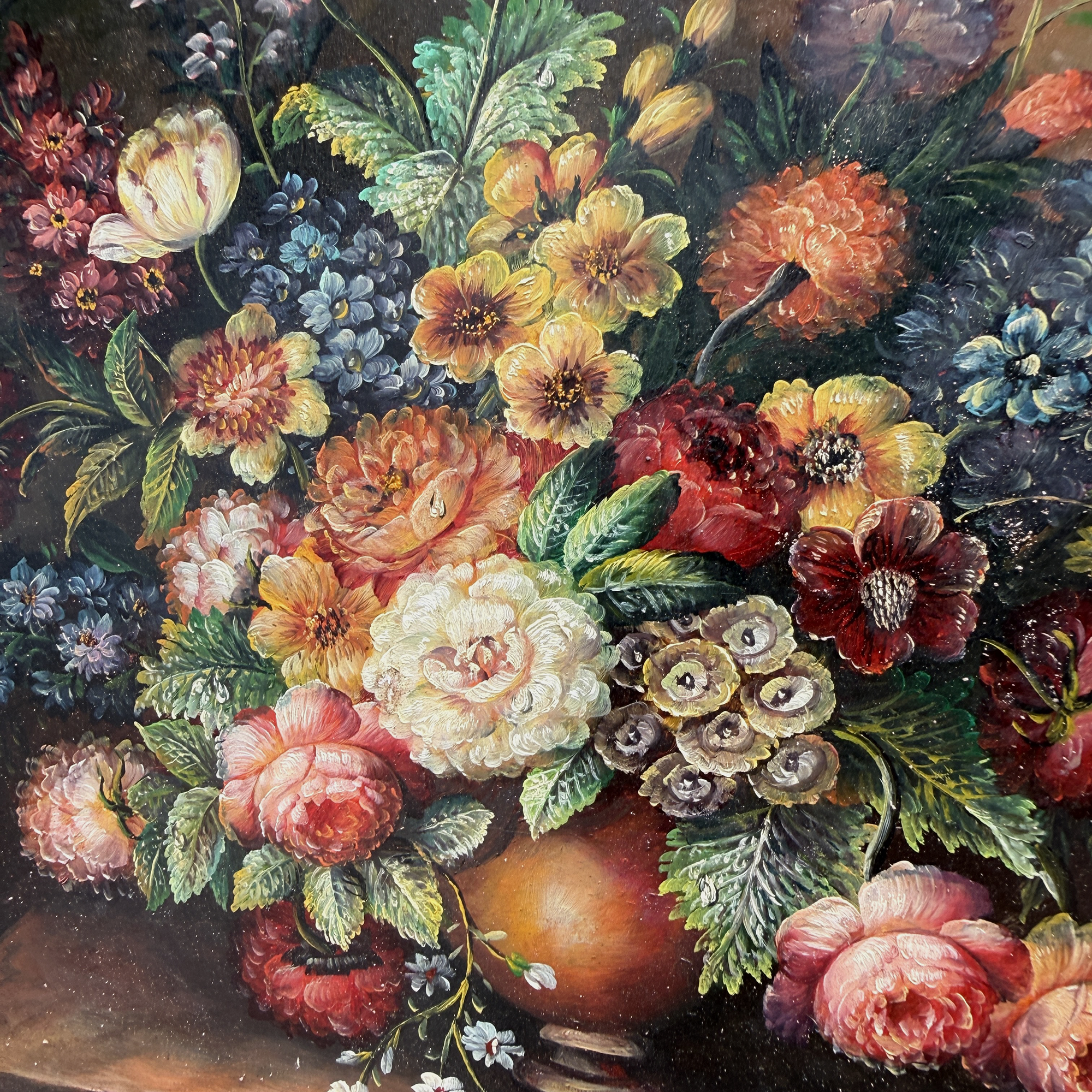Classic Flower Bouquet Oil Painting “Ornate Brown Frame” Original Vintage Art - 12.6 × 11.0 in