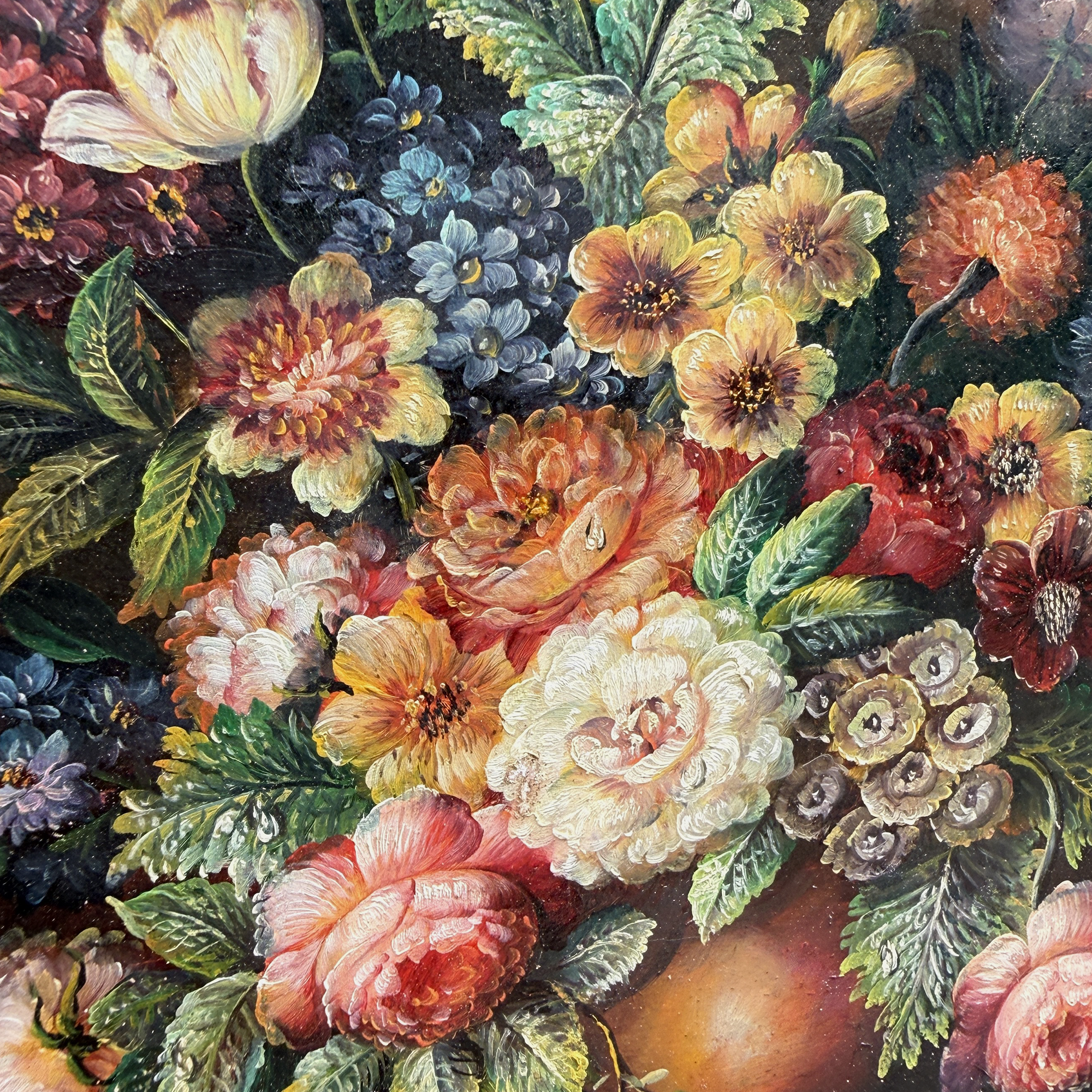 Classic Flower Bouquet Oil Painting “Ornate Brown Frame” Original Vintage Art - 12.6 × 11.0 in