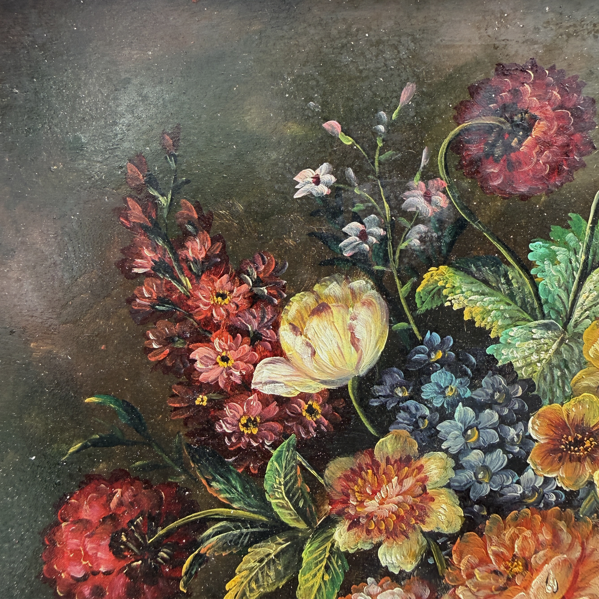 Classic Flower Bouquet Oil Painting “Ornate Brown Frame” Original Vintage Art - 12.6 × 11.0 in