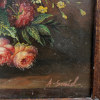 Classic Flower Bouquet Oil Painting “Ornate Brown Frame” Original Vintage Art - 12.6 × 11.0 in