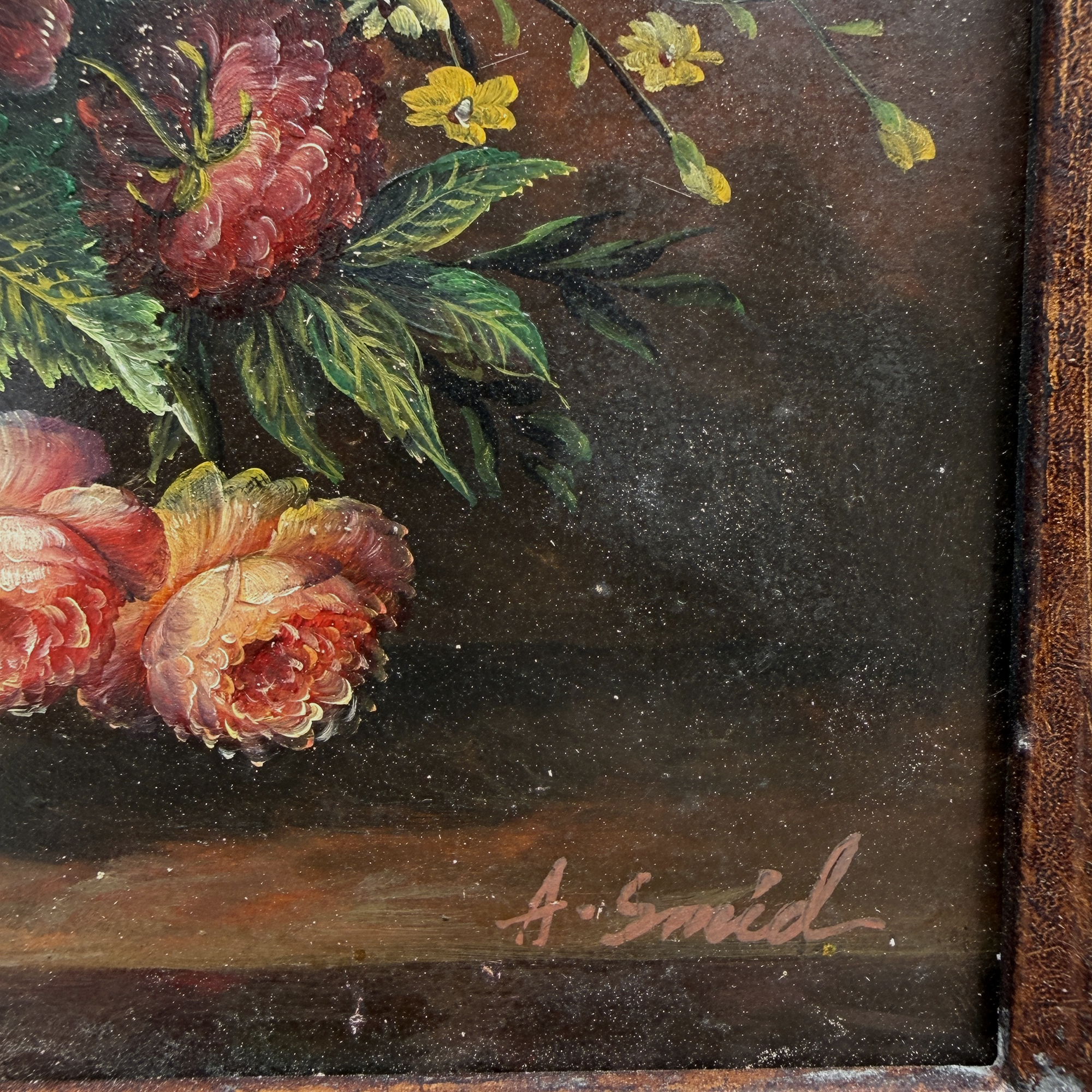Classic Flower Bouquet Oil Painting “Ornate Brown Frame” Original Vintage Art - 12.6 × 11.0 in