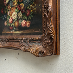 Classic Flower Bouquet Oil Painting “Ornate Brown Frame” Original Vintage Art - 12.6 × 11.0 in